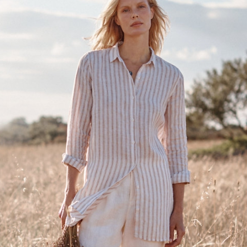 GARNET HILL Linen Red White Stripe Stripes Button Down Tunic Shirt Petite Small